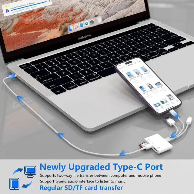 Alt view image 5 of 6 - Universal SD Card Reader for iPhone/Mac - Upgraded TypeC(Data)+Lightning+USB Three Port SD/TF Memory Card Reader Digital Camera Transfer to Phone Adapter, Multi Port 4 in 1 Universal SD Card Reader