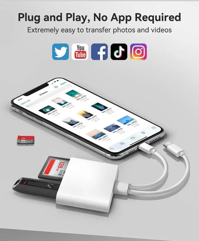 Alt view image 3 of 7 - SD Card Reader for iPhone iPad Built-in Dual Cords (Lightening, USB-C) Card Reader with SD MicroSD USB-A 3 Slots Trail Camera Memory Card Viewer Portable No App Required Plug and Play - White