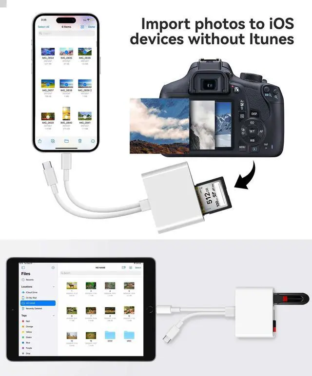 Alt view image 4 of 7 - SD Card Reader for iPhone iPad Built-in Dual Cords (Lightening, USB-C) Card Reader with SD MicroSD USB-A 3 Slots Trail Camera Memory Card Viewer Portable No App Required Plug and Play - White