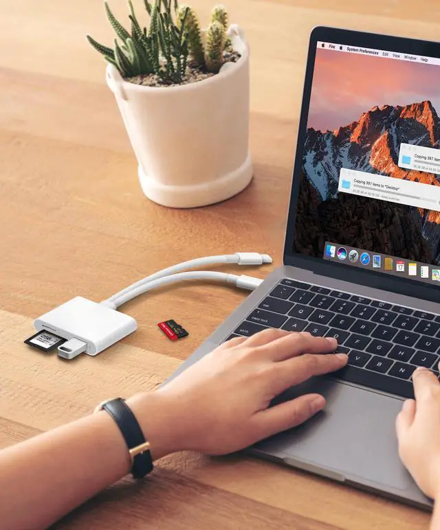 Alt view image 6 of 7 - SD Card Reader for iPhone iPad Built-in Dual Cords (Lightening, USB-C) Card Reader with SD MicroSD USB-A 3 Slots Trail Camera Memory Card Viewer Portable No App Required Plug and Play - White