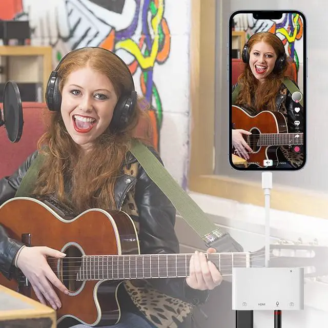 Alt view image 3 of 7 - Lightning to HDMI Adapter for iPhone/iPad to TV, Dual USB OTG Adapter with Microphone Input for Live-Streaming, MIDI Keyboard, Mouse, HD TV/Projector/Monitor Compatible (White)