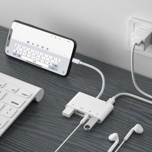 Alt view image 7 of 7 - Lightning to HDMI Adapter for iPhone/iPad to TV, Dual USB OTG Adapter with Microphone Input for Live-Streaming, MIDI Keyboard, Mouse, HD TV/Projector/Monitor Compatible (White)