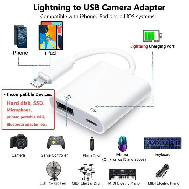 Alt view image 2 of 7 - Lightning to USB Camera Adapter for iPhone with Lightning Charging Port USB 3.0 Female OTG Cable Keyboard Mouse No Support USB C, SSD