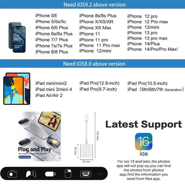 Alt view image 3 of 7 - Lightning to USB Camera Adapter for iPhone with Lightning Charging Port USB 3.0 Female OTG Cable Keyboard Mouse No Support USB C, SSD