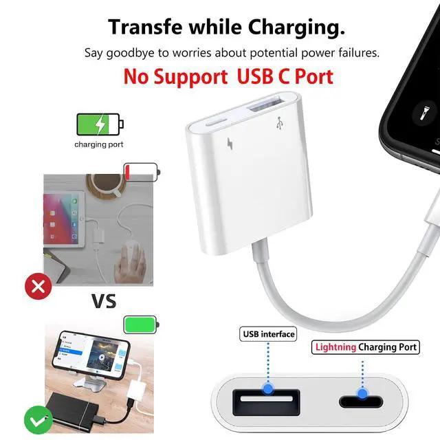 Alt view image 5 of 7 - Lightning to USB Camera Adapter for iPhone with Lightning Charging Port USB 3.0 Female OTG Cable Keyboard Mouse No Support USB C, SSD