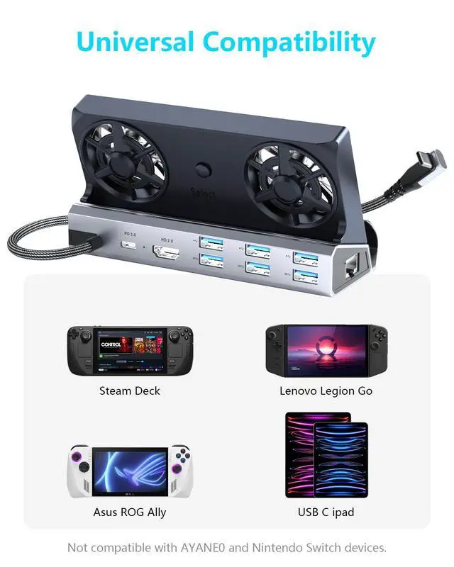 Alt view image 7 of 7 - Dual Cooling Fans 12 in 1 Steam Deck Docking Station with 4K@60Hz 2.0,6 USB Ports,1000Mbps,USB-C 100W PD,40Gbps Adapter for Steam Deck/Rog Ally/Switch/Legion Go