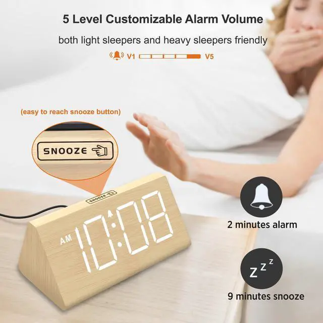 Alt view image 6 of 7 - Wooden Digital Alarm Clocks for Bedrooms - Electric Desk Clock with Large Numbers, USB Port, Loud Alarm for Heavy Sleepers, Adjustable Volume, Dimmer, Snooze, DST, Wood Décor, Adapter Powered