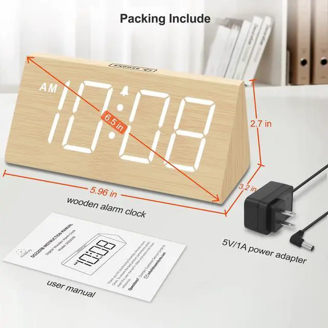 Alt view image 7 of 7 - Wooden Digital Alarm Clocks for Bedrooms - Electric Desk Clock with Large Numbers, USB Port, Loud Alarm for Heavy Sleepers, Adjustable Volume, Dimmer, Snooze, DST, Wood Décor, Adapter Powered