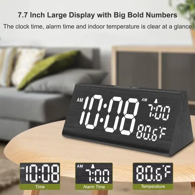 Alt view image 2 of 7 - Wooden Digital Alarm Clock for Bedroom - 7.7" Electric Clocks with USB Port, Large Numbers, Temperature, 0-100% Brightness Dimmer, Adjustable Alarm Volume, Snooze, 12/24H