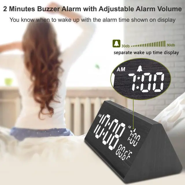 Alt view image 3 of 7 - Wooden Digital Alarm Clock for Bedroom - 7.7" Electric Clocks with USB Port, Large Numbers, Temperature, 0-100% Brightness Dimmer, Adjustable Alarm Volume, Snooze, 12/24H