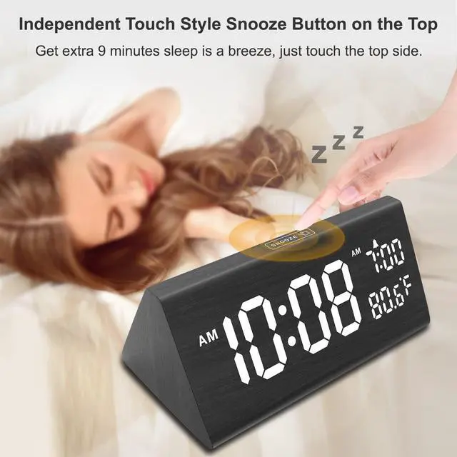 Alt view image 4 of 7 - Wooden Digital Alarm Clock for Bedroom - 7.7" Electric Clocks with USB Port, Large Numbers, Temperature, 0-100% Brightness Dimmer, Adjustable Alarm Volume, Snooze, 12/24H