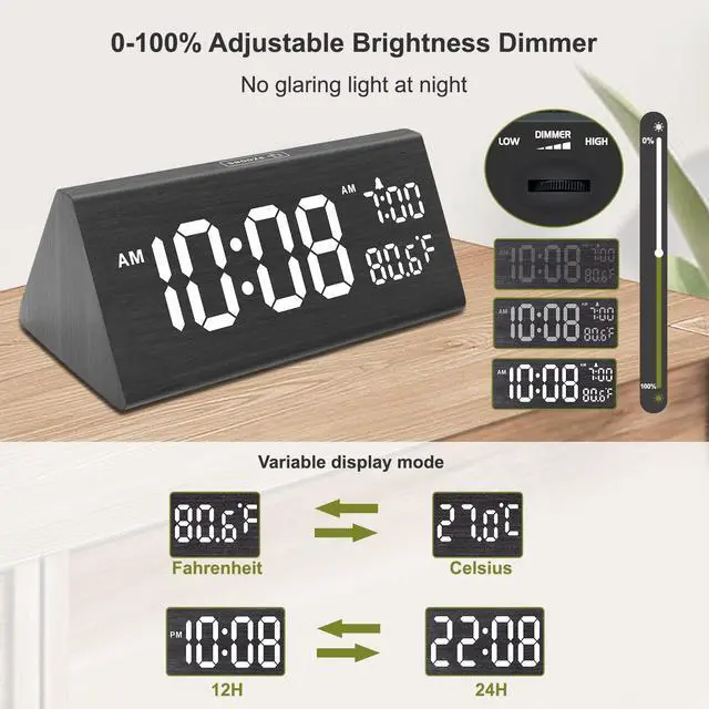 Alt view image 5 of 7 - Wooden Digital Alarm Clock for Bedroom - 7.7" Electric Clocks with USB Port, Large Numbers, Temperature, 0-100% Brightness Dimmer, Adjustable Alarm Volume, Snooze, 12/24H