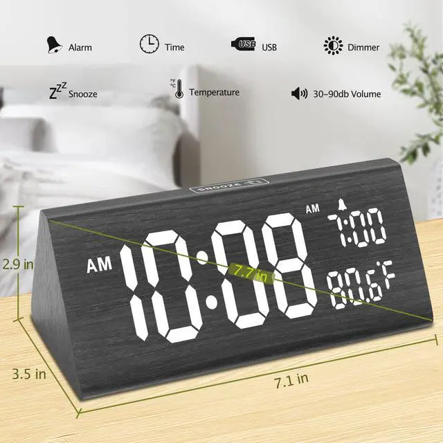 Alt view image 7 of 7 - Wooden Digital Alarm Clock for Bedroom - 7.7" Electric Clocks with USB Port, Large Numbers, Temperature, 0-100% Brightness Dimmer, Adjustable Alarm Volume, Snooze, 12/24H