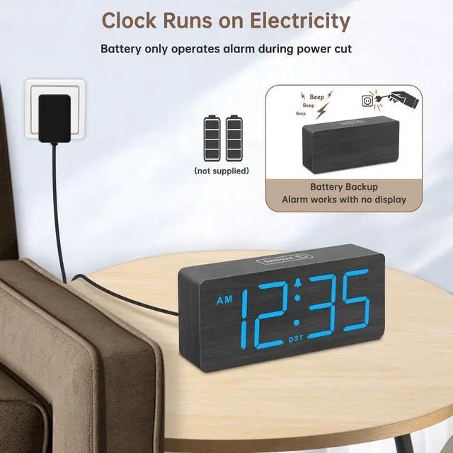 Alt view image 2 of 6 - Wooden Digital Alarm Clock for Bedroom - Desk Clocks for Living Room with Large Numbers, Dimmer, Loud Alarm for Heavy Sleepers with Volume Control, DST, Office Wood Decor (Plug in Clock)