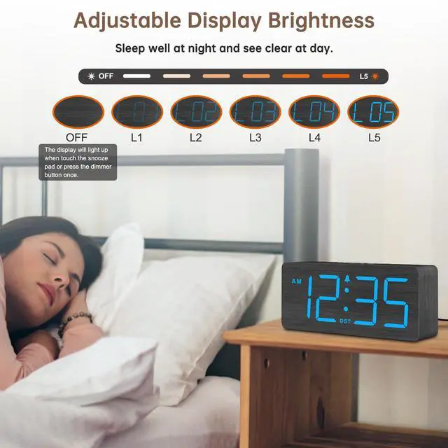 Alt view image 4 of 6 - Wooden Digital Alarm Clock for Bedroom - Desk Clocks for Living Room with Large Numbers, Dimmer, Loud Alarm for Heavy Sleepers with Volume Control, DST, Office Wood Decor (Plug in Clock)