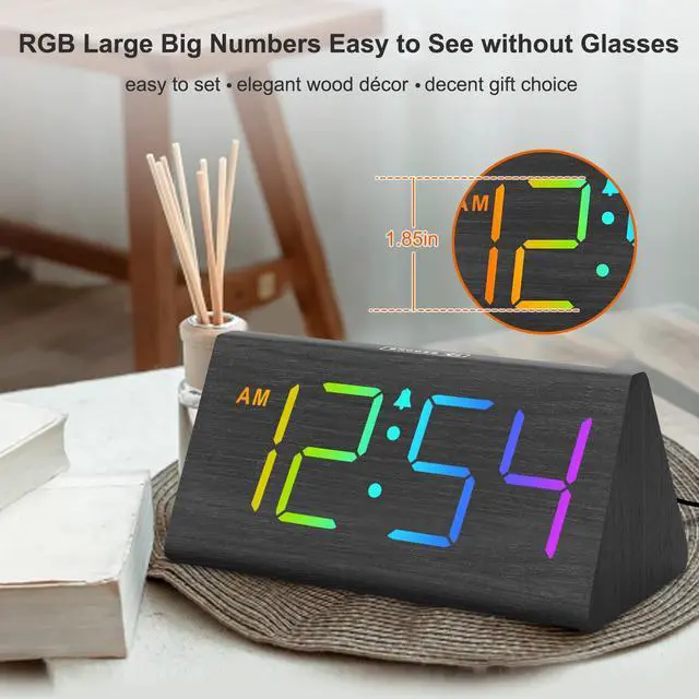 Alt view image 2 of 7 - Wooden Digital Alarm Clock for Bedroom - RGB Electric Desk Clock with Large Numbers, USB Port, Loud Alarm for Heavy Sleepers, Dimmer and Volume Control, Snooze, Wood Décor (Adapter Powered)