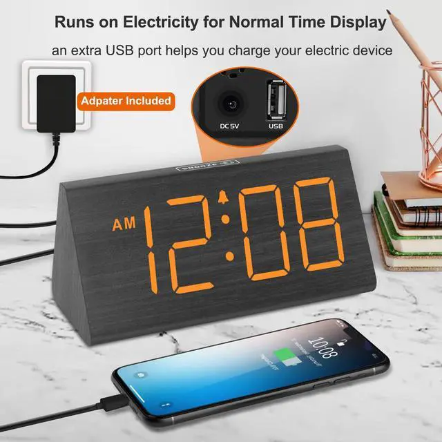 Alt view image 5 of 7 - Wooden Digital Alarm Clock for Bedroom - RGB Electric Desk Clock with Large Numbers, USB Port, Loud Alarm for Heavy Sleepers, Dimmer and Volume Control, Snooze, Wood Décor (Adapter Powered)