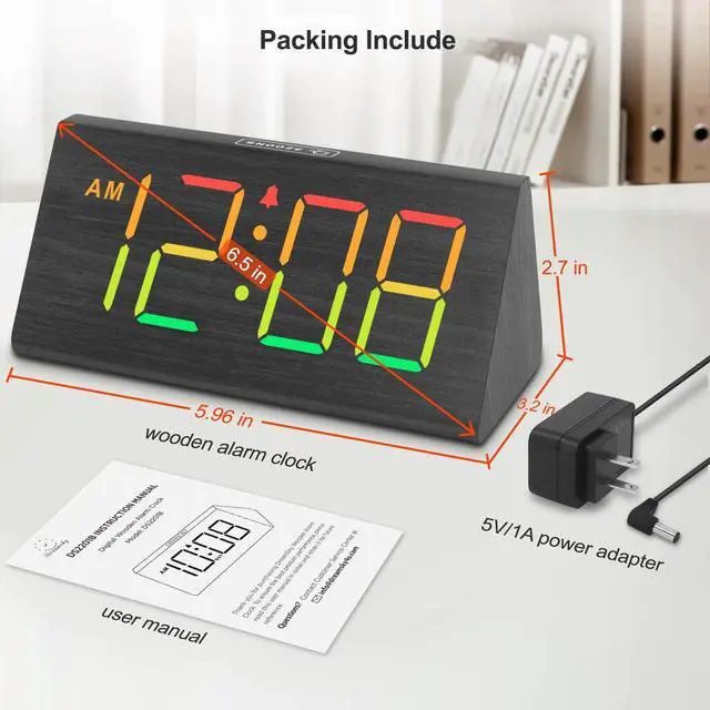 Alt view image 7 of 7 - Wooden Digital Alarm Clock for Bedroom - RGB Electric Desk Clock with Large Numbers, USB Port, Loud Alarm for Heavy Sleepers, Dimmer and Volume Control, Snooze, Wood Décor (Adapter Powered)