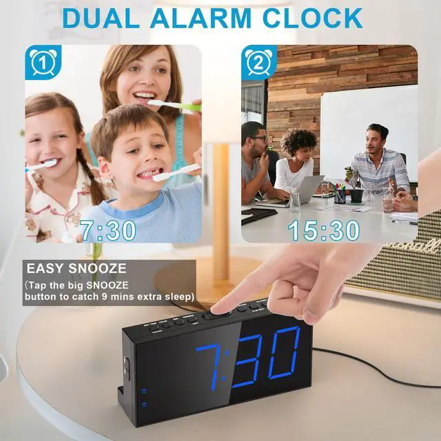 Alt view image 4 of 7 - Extra Loud Dual Alarm Clock with Vibration for Bedroom,Extreme Bed Shaker Alarm Clock for Deep Sleeper Hard of Hearing Deaf,7" Clear LED Display,USB Port,Battery Backup,Easy to Set for Senior,Kids,DST