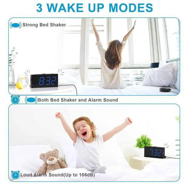 Alt view image 3 of 7 - Extra Loud Dual Alarm Clock with Vibration for Bedroom,Extreme Bed Shaker Alarm Clock for Deep Sleeper Hard of Hearing Deaf,7" Clear LED Display,USB Port,Battery Backup,Easy to Set for Senior,Kids,DST