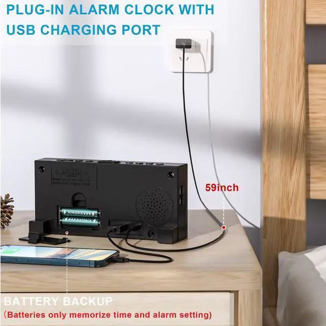Alt view image 5 of 7 - Extra Loud Dual Alarm Clock with Vibration for Bedroom,Extreme Bed Shaker Alarm Clock for Deep Sleeper Hard of Hearing Deaf,7" Clear LED Display,USB Port,Battery Backup,Easy to Set for Senior,Kids,DST