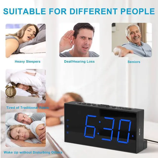 Alt view image 7 of 7 - Extra Loud Dual Alarm Clock with Vibration for Bedroom,Extreme Bed Shaker Alarm Clock for Deep Sleeper Hard of Hearing Deaf,7" Clear LED Display,USB Port,Battery Backup,Easy to Set for Senior,Kids,DST