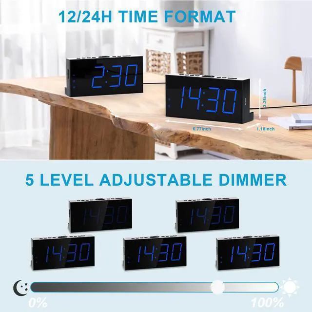 Alt view image 6 of 7 - Extra Loud Dual Alarm Clock with Vibration for Bedroom,Extreme Bed Shaker Alarm Clock for Deep Sleeper Hard of Hearing Deaf,7" Clear LED Display,USB Port,Battery Backup,Easy to Set for Senior,Kids,DST