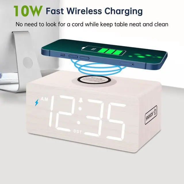 Alt view image 2 of 7 - Wooden Digital Alarm Clock with Wireless Charging for Bedroom, Bedside Nightstand Clock with Charger Station, USB Port, Large Numbers, Adjustable Volume, Brightness Dimmer, DST