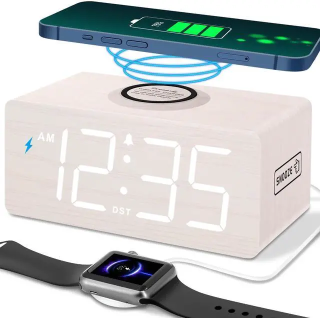 Main image of Wooden Digital Alarm Clock with Wireless Charging for Bedroom, Bedside Nightstand Clock with Charger Station, USB Port, Large Numbers, Adjustable Volume, Brightness Dimmer, DST