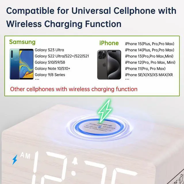 Alt view image 3 of 7 - Wooden Digital Alarm Clock with Wireless Charging for Bedroom, Bedside Nightstand Clock with Charger Station, USB Port, Large Numbers, Adjustable Volume, Brightness Dimmer, DST
