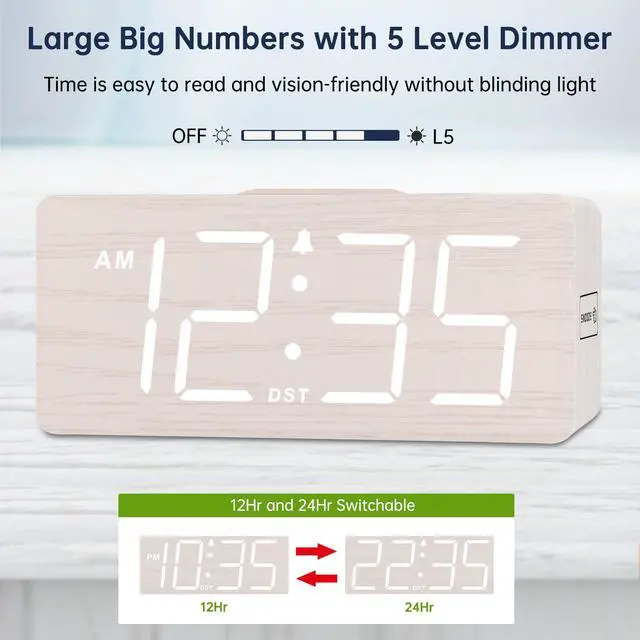Alt view image 4 of 7 - Wooden Digital Alarm Clock with Wireless Charging for Bedroom, Bedside Nightstand Clock with Charger Station, USB Port, Large Numbers, Adjustable Volume, Brightness Dimmer, DST