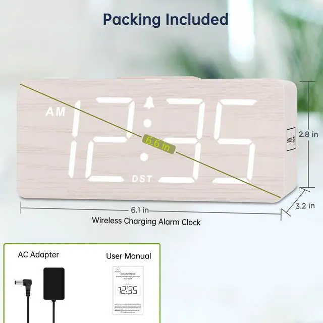 Alt view image 7 of 7 - Wooden Digital Alarm Clock with Wireless Charging for Bedroom, Bedside Nightstand Clock with Charger Station, USB Port, Large Numbers, Adjustable Volume, Brightness Dimmer, DST