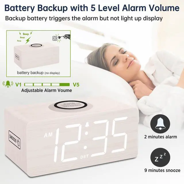 Alt view image 6 of 7 - Wooden Digital Alarm Clock with Wireless Charging for Bedroom, Bedside Nightstand Clock with Charger Station, USB Port, Large Numbers, Adjustable Volume, Brightness Dimmer, DST