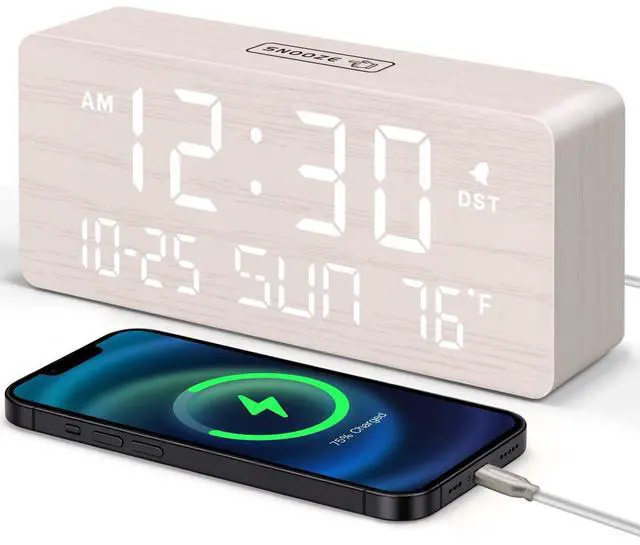 Main image of Wooden Digital Alarm Clocks for Bedrooms - Living Room Desk Clock with Date and Day of Week, Temperature, USB Port, Dimmer Wheel, Adjustable Volume, Auto DST, Wood Decor for Office Table