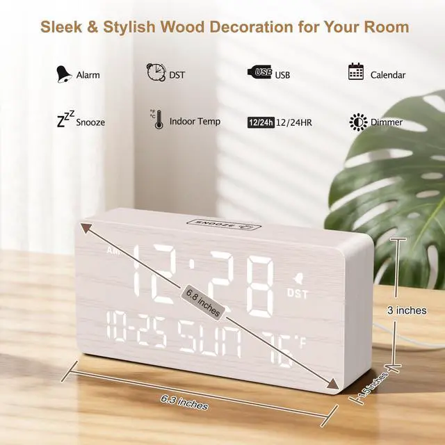 Alt view image 2 of 7 - Wooden Digital Alarm Clocks for Bedrooms - Living Room Desk Clock with Date and Day of Week, Temperature, USB Port, Dimmer Wheel, Adjustable Volume, Auto DST, Wood Decor for Office Table