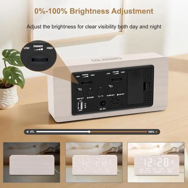 Alt view image 6 of 7 - Wooden Digital Alarm Clocks for Bedrooms - Living Room Desk Clock with Date and Day of Week, Temperature, USB Port, Dimmer Wheel, Adjustable Volume, Auto DST, Wood Decor for Office Table