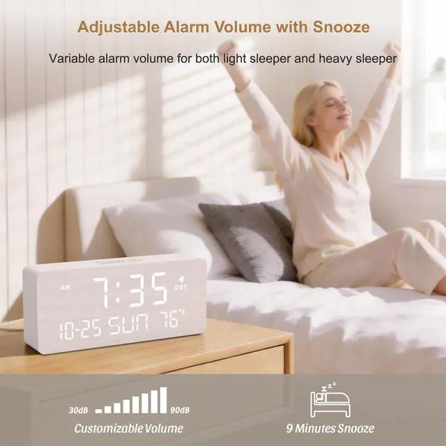 Alt view image 3 of 7 - Wooden Digital Alarm Clocks for Bedrooms - Living Room Desk Clock with Date and Day of Week, Temperature, USB Port, Dimmer Wheel, Adjustable Volume, Auto DST, Wood Decor for Office Table