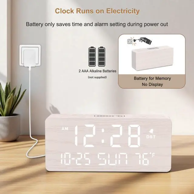 Alt view image 5 of 7 - Wooden Digital Alarm Clocks for Bedrooms - Living Room Desk Clock with Date and Day of Week, Temperature, USB Port, Dimmer Wheel, Adjustable Volume, Auto DST, Wood Decor for Office Table