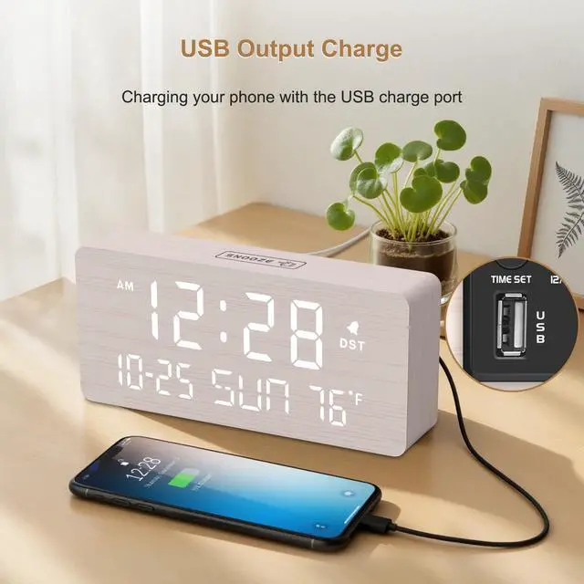 Alt view image 7 of 7 - Wooden Digital Alarm Clocks for Bedrooms - Living Room Desk Clock with Date and Day of Week, Temperature, USB Port, Dimmer Wheel, Adjustable Volume, Auto DST, Wood Decor for Office Table