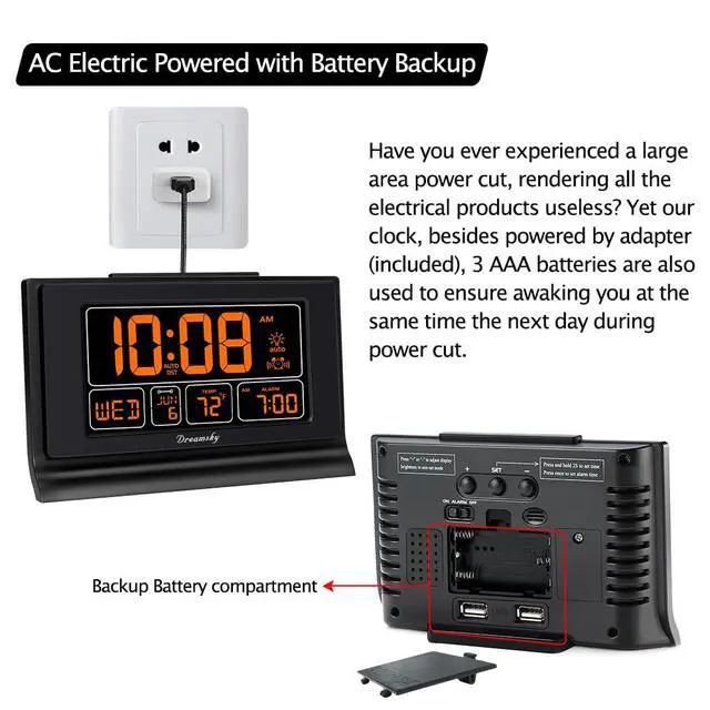 Alt view image 5 of 6 - Digital Alarm Clock with Battery Backup, 5 Inch Large Display, Auto Set Clock, USB Charging Ports, 12/24H