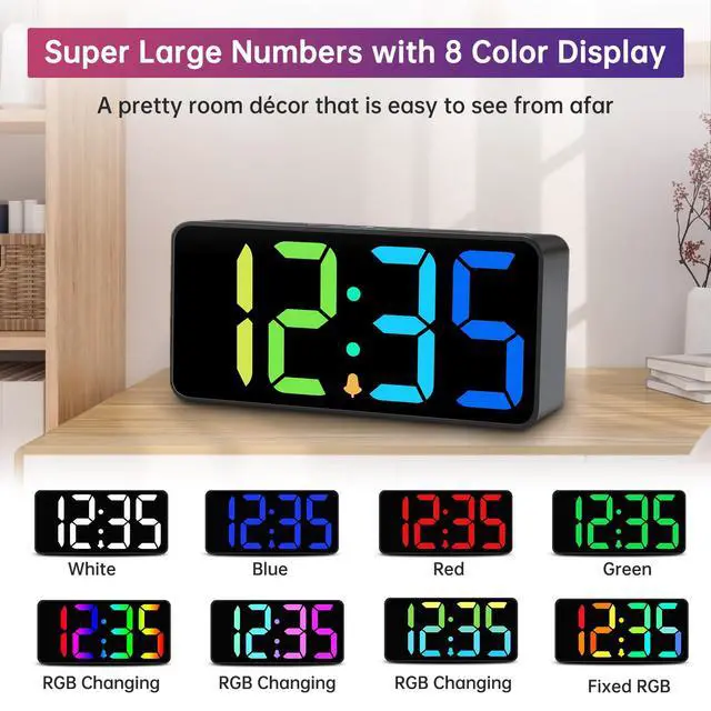 Alt view image 2 of 7 - Large Digital Alarm Clock Big Numbers for Seniors & Visually Impaired, RGB 9 Inches Desk Clock for Bedroom, Dimmable Jumbo Display, USB Ports, Loud Alarm for Heavy Sleepers, Adjustable Volume
