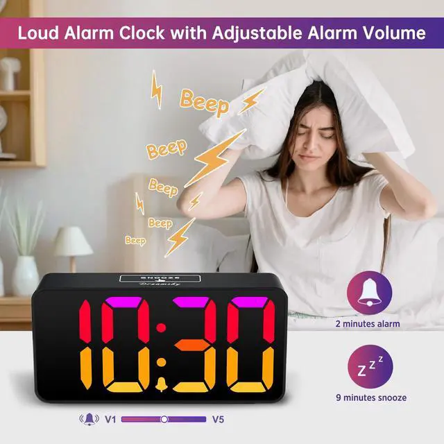 Alt view image 5 of 7 - Large Digital Alarm Clock Big Numbers for Seniors & Visually Impaired, RGB 9 Inches Desk Clock for Bedroom, Dimmable Jumbo Display, USB Ports, Loud Alarm for Heavy Sleepers, Adjustable Volume