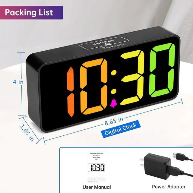 Alt view image 7 of 7 - Large Digital Alarm Clock Big Numbers for Seniors & Visually Impaired, RGB 9 Inches Desk Clock for Bedroom, Dimmable Jumbo Display, USB Ports, Loud Alarm for Heavy Sleepers, Adjustable Volume