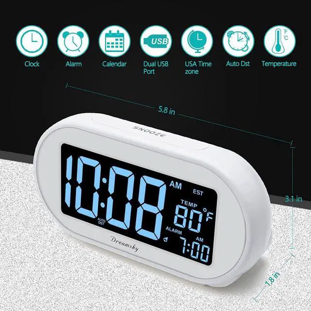 Alt view image 2 of 7 - Alarm Clocks for Bedrooms, Auto Set Digital Desk Clock for Bedside Nightstand, Electric Clock with Dimmable Brightness Dimmer, Auto DST, USB Port, Date, Temperature, Snooze