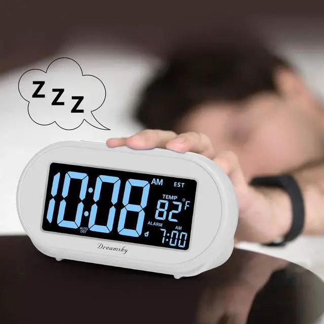 Alt view image 6 of 7 - Alarm Clocks for Bedrooms, Auto Set Digital Desk Clock for Bedside Nightstand, Electric Clock with Dimmable Brightness Dimmer, Auto DST, USB Port, Date, Temperature, Snooze