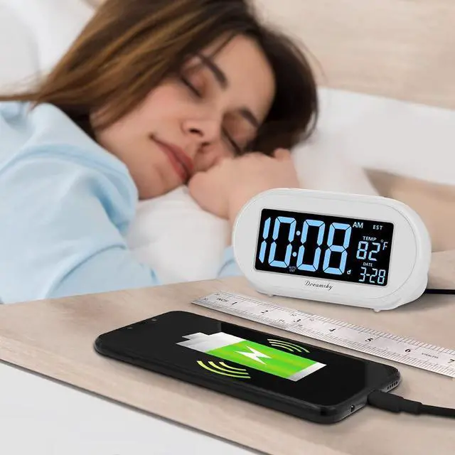 Alt view image 5 of 7 - Alarm Clocks for Bedrooms, Auto Set Digital Desk Clock for Bedside Nightstand, Electric Clock with Dimmable Brightness Dimmer, Auto DST, USB Port, Date, Temperature, Snooze