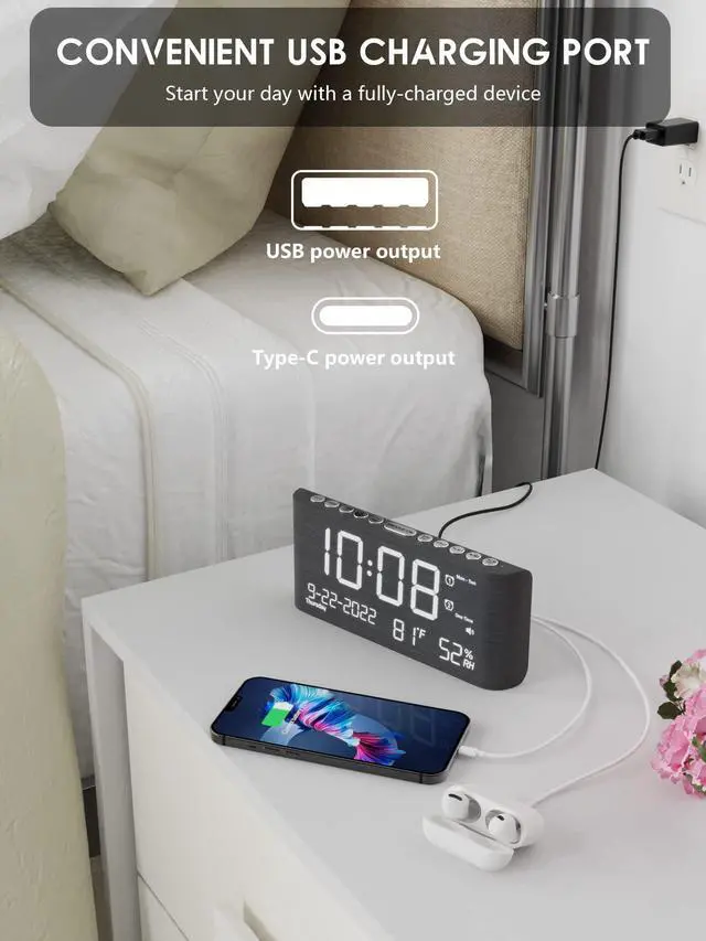 Alt view image 5 of 7 - Wooden Digital Alarm Clocks for Bedrooms, Bedside Desk Clock with Day and Date, USB Charging Port, Temperature & Humidity Detect, Weekday/Weekend Mode, Dual Alarm, 2-100% Brightness Dimmer, 12/24H