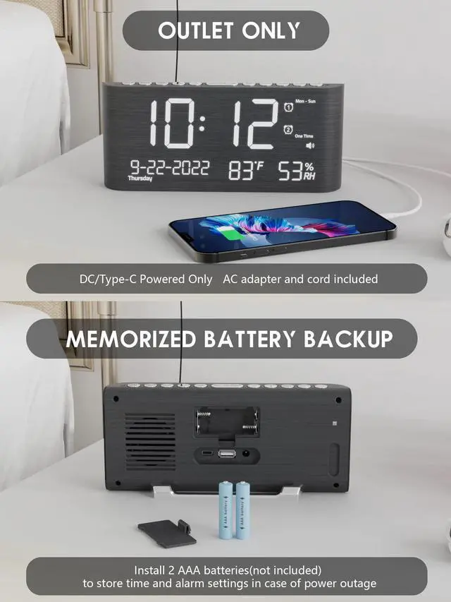 Alt view image 7 of 7 - Wooden Digital Alarm Clocks for Bedrooms, Bedside Desk Clock with Day and Date, USB Charging Port, Temperature & Humidity Detect, Weekday/Weekend Mode, Dual Alarm, 2-100% Brightness Dimmer, 12/24H