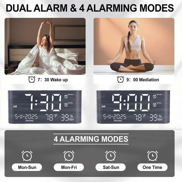 Alt view image 2 of 7 - 8.7inch Digital Alarm Clock for Bedroom-Digital Clock with Day of Week Month Year Humidity & Temperature Brightness Snooze 2 Alarm Clock & 2 USB Charger Desk Clock for Heavy Sleeper