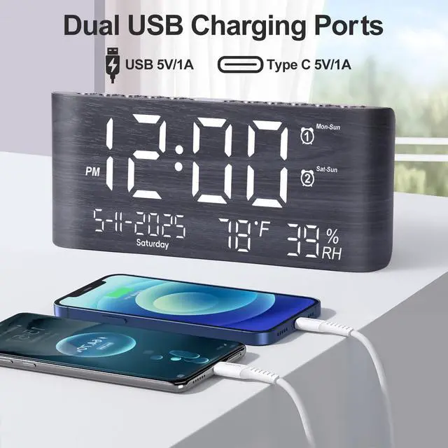 Alt view image 3 of 7 - 8.7inch Digital Alarm Clock for Bedroom-Digital Clock with Day of Week Month Year Humidity & Temperature Brightness Snooze 2 Alarm Clock & 2 USB Charger Desk Clock for Heavy Sleeper
